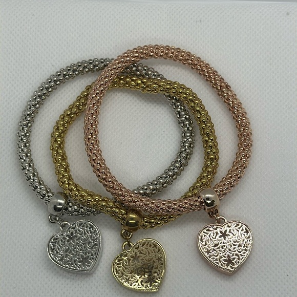 Fashion 3pc/set Rhinestone Charm Bangle Bracelets 3 Tone Gold Rose Silver - Picture 6 of 8